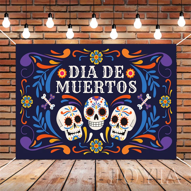 Skull Background Colorful Decorative Pattern Day of the Dead Backdrop Mexican Festival Party Wall Decor Día de Muertos Prints