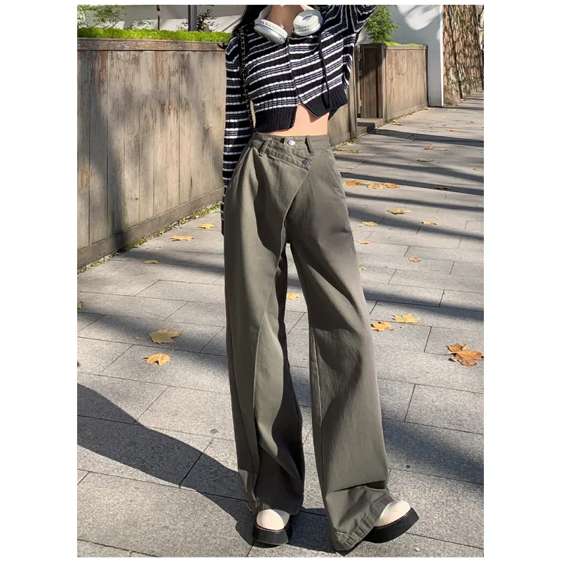 

New High Grade Grey Green Wide Leg Jeans Women's Irregular Design High Waist Pants European and American High Street Vibe Pant