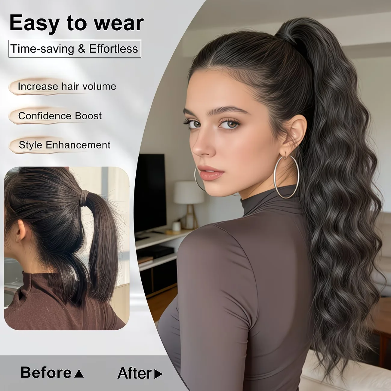 Synthetic Claw Clip Water Wave Ponytail Black Fluffy Messy Heat Resistant Fiber Ponytail Hair Extensions For Women