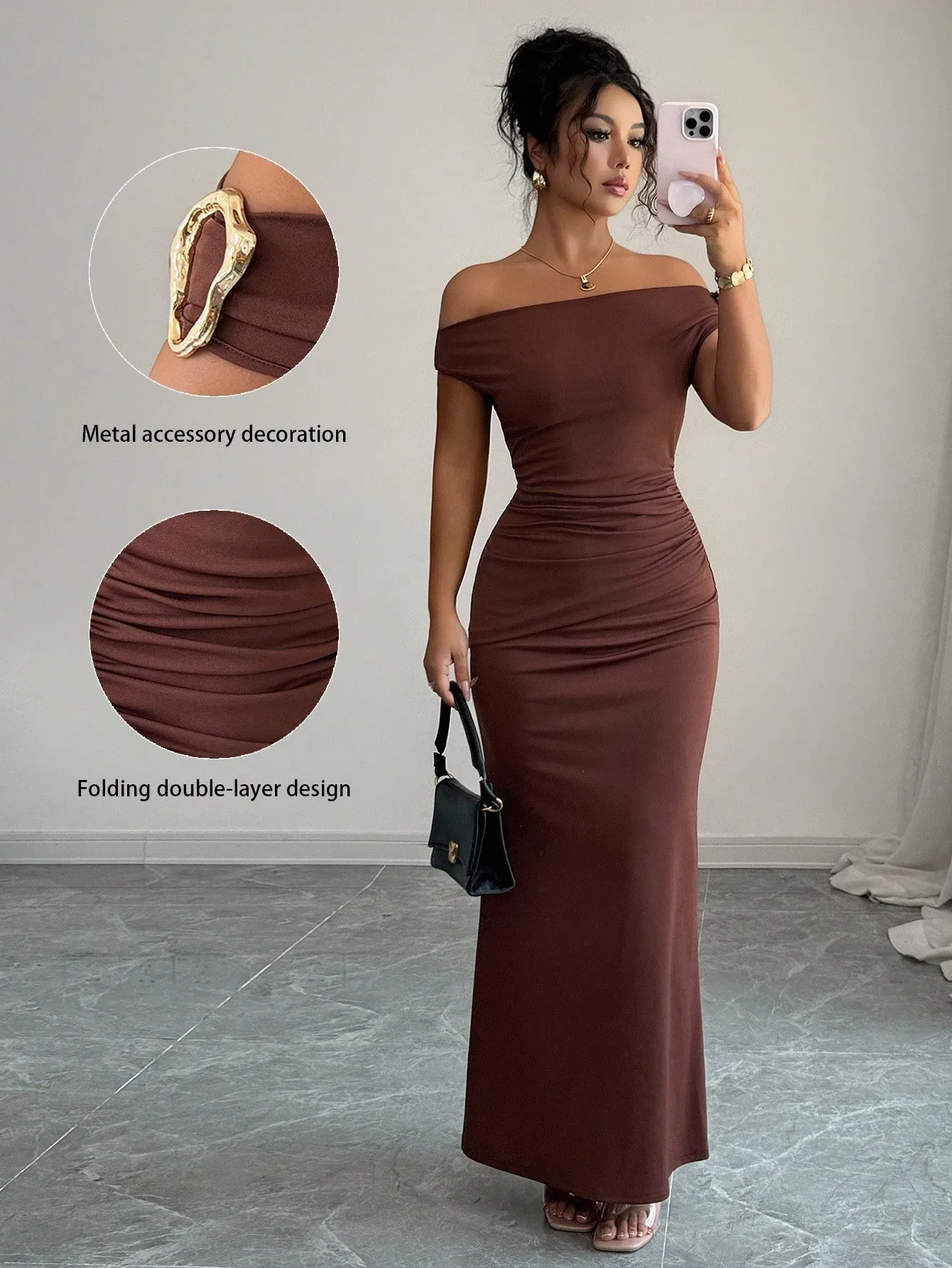Elegancka sukienka maxi czarna z odkrytymi ramionami - usage example