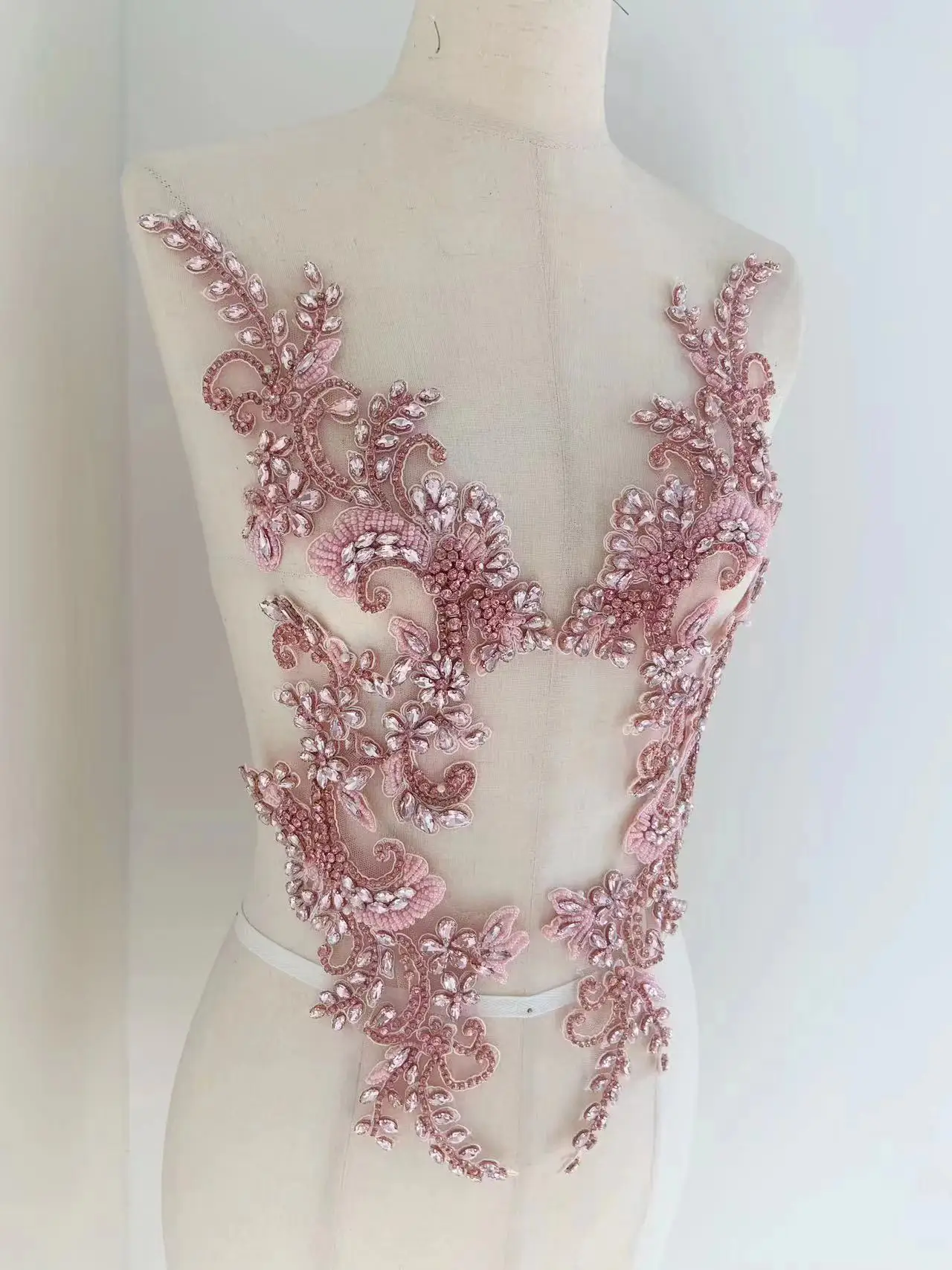 

Sparkle Pink Diamond Applique French Beaded Handmade Rhinestone Patch for Dance Costume,Bridal Dress,Couture