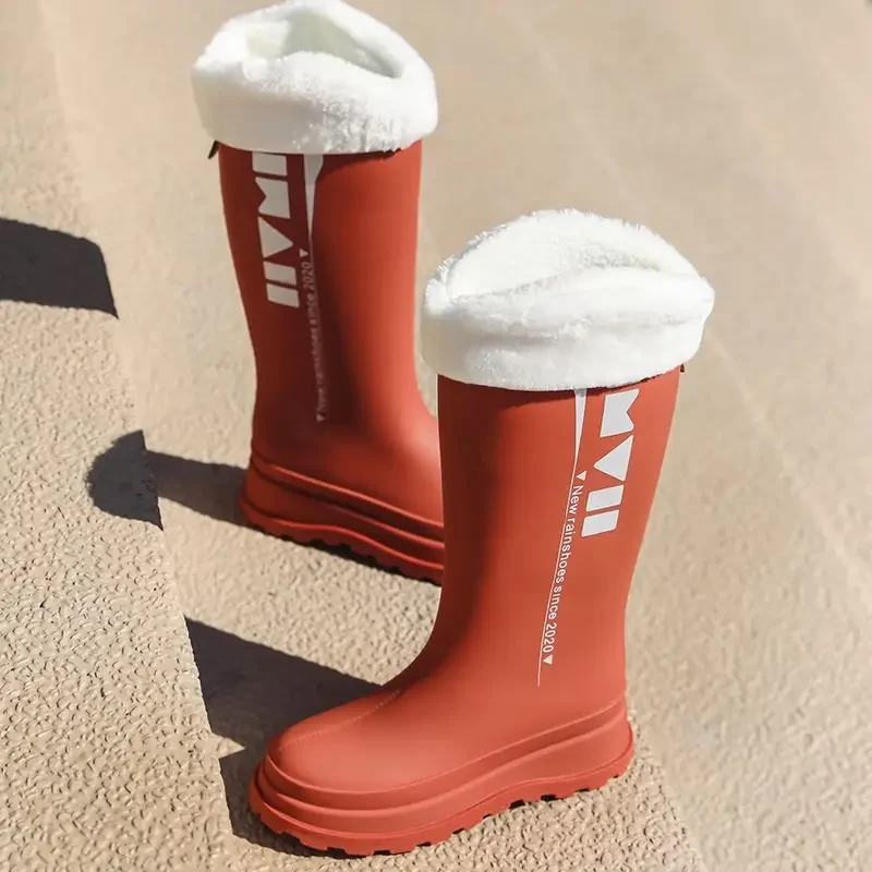 

New Women Fleece Lined Warm High Top Rubber Rain Boots Waterproof Anti Slip Durable Outdoor Water Shoes Letter Fashion Design