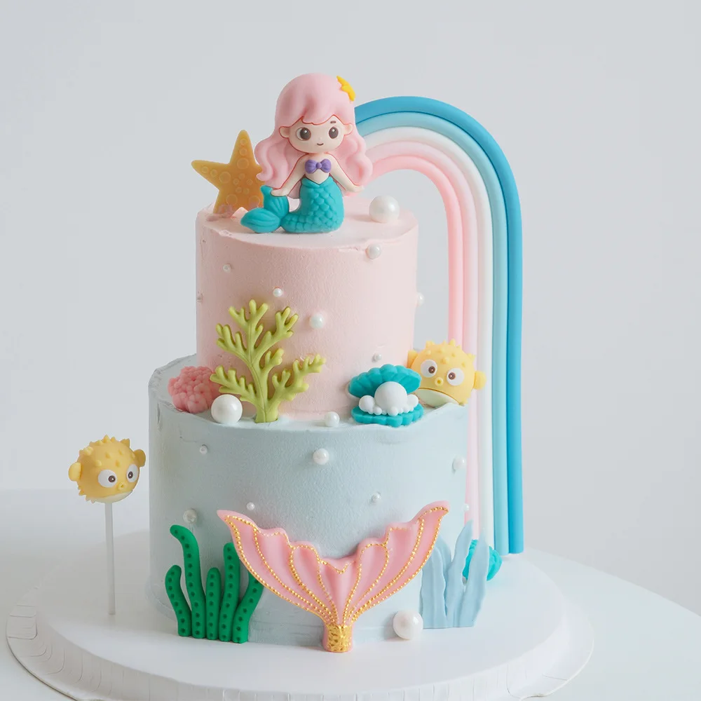 Meerjungfrau Kuchen Topper Regenbogen Schwanz Shell Schloss Tisch Ornamente Prinzessin Mädchen Baby Party Liefert Seestern Auto Kuchen Dekorationen – Detail 3