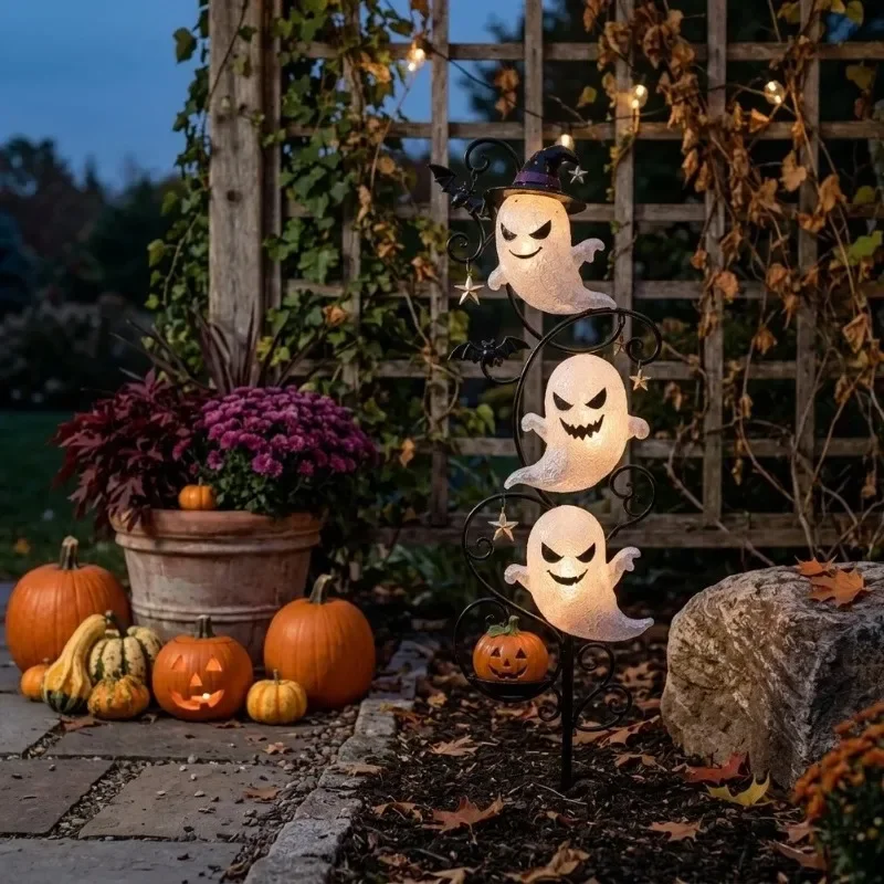 1pc 2D LED Lighted Halloween for Garden Stake with Witch Hat Bat Jack O Lantern Design for Yard Decor 45cm Metal Construction