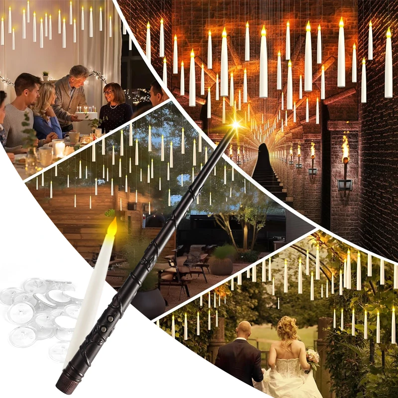 12-60Pcs Floating Candles With Magic Wand,LED Flickering Flameless Warm Light Hanging Candle,Party Battery Operated Taper Candle