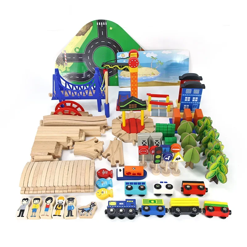 Children's Toys 108pcs Wooden Diy Puzzle Railway Cars Building Blocks Set House Accessories Constructor Montessori Board Games