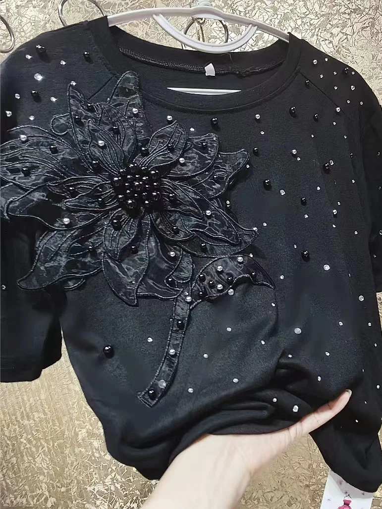 Luxury Style Beaded Diamonds T-shirt  3D Flowers Cotton T-shirts Short Sleeve Black Jumpers Tops Tees Women Clothes