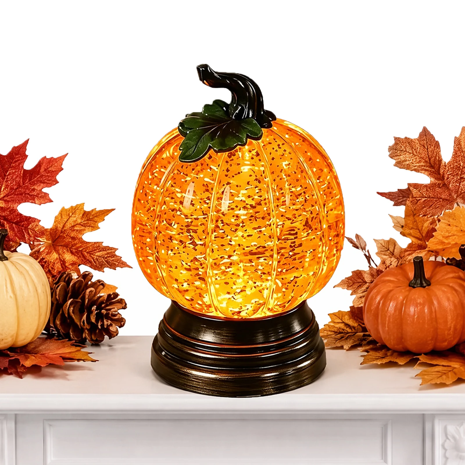 Halloween Glitter Pumpkin Snow Globe LED Warm Light Gold Flakes Autumn Home Decor