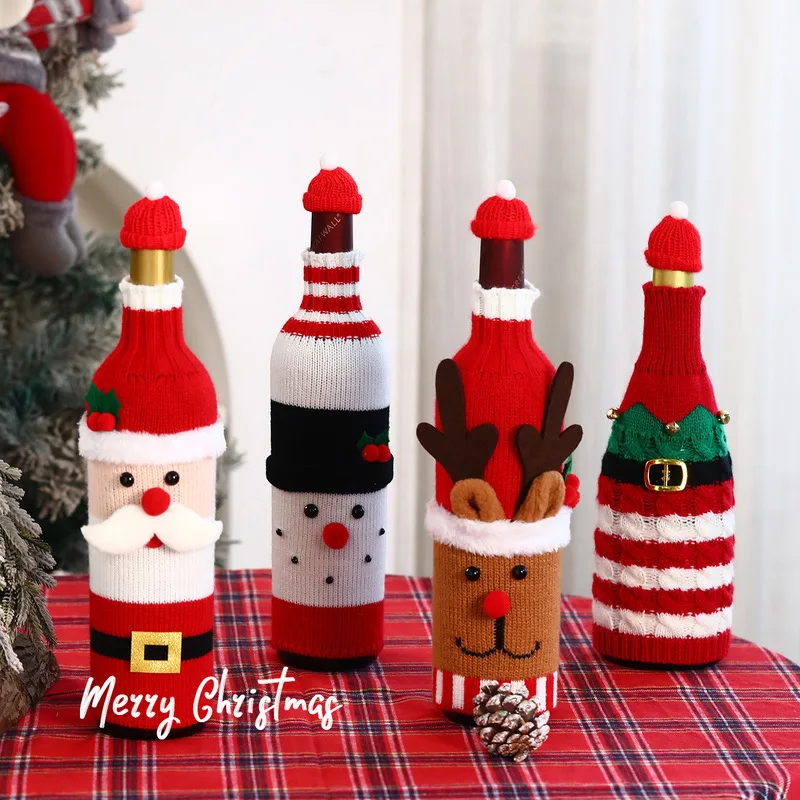 Christmas Santa Knitted Wine Bottle Cover with Hat Xmas Sweater Bottle Sleeve Table Decor for Home Party Restaurant