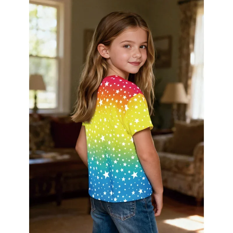 Children's Rainbow Stars T-Shirt 2026 Fun Fashion Blend Ultimate Comfort Soft Material Kids' Graphic Tee for Casual Wear
