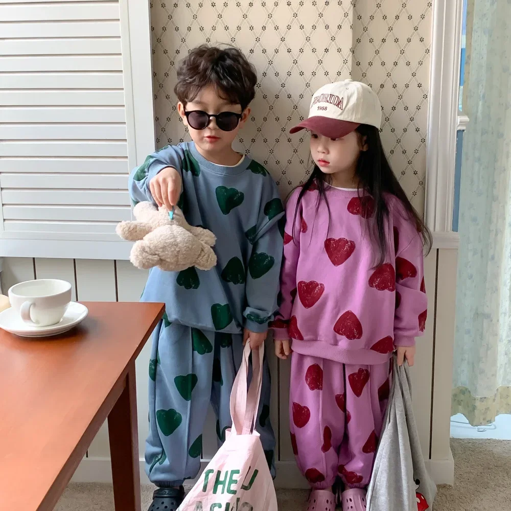 

2024 Korean Spring Autumn Children Sibling Look Clothes Set Printed Love Jooger Suit Pullover Stretch Loose Toddler Outfits