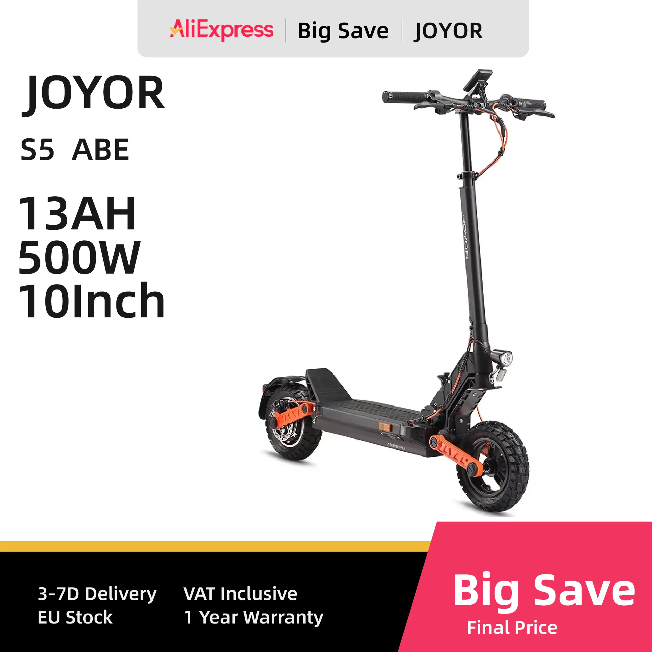 JOYOR S5 (ABE) pour adultes EScooter 500W moteur 48V13AH batterie ville déplacement e-scooter 10 pouces Air pneu Scooter électrique