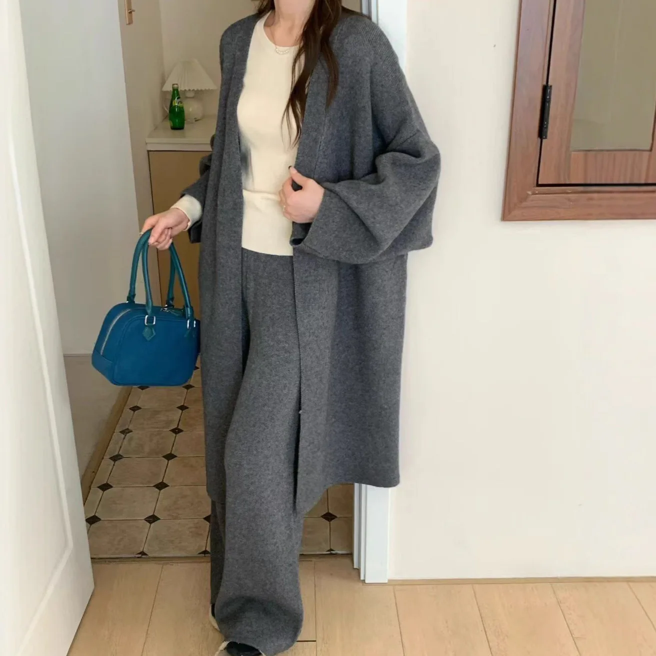 

Two Pieces Knitted Pant Sets Women Y2k Matching Sets V Neck Long Sleeves Coat Empire Waist Pants Casual 2025 Autumn Winter