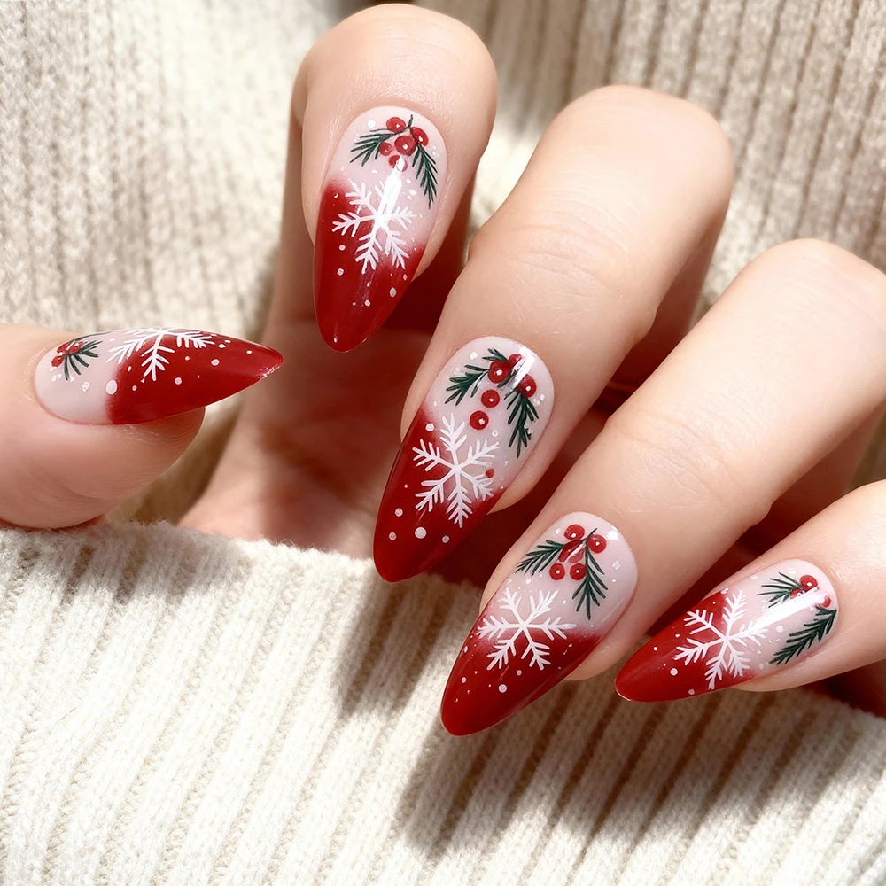 24Pcs Christmas Red French Press On Nails Holly Berry Snowflakes Design Fake Nail Short Almond False Fingertips for Winter Daily