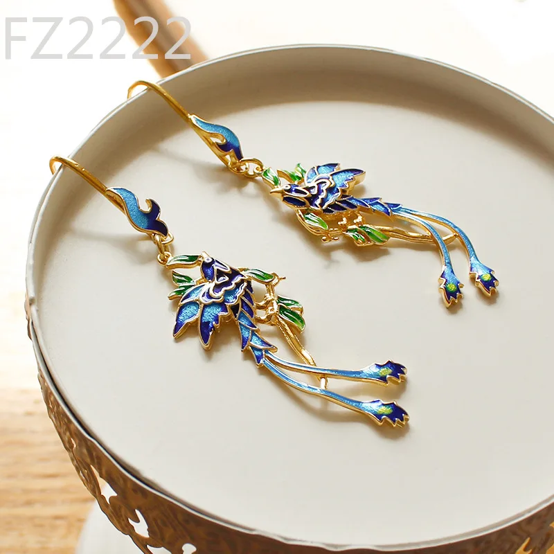 Guochao gold-plated earrings ancient cloisonne roasted blue Chinese style cheongsam daily Hanfu tea clothing accessories