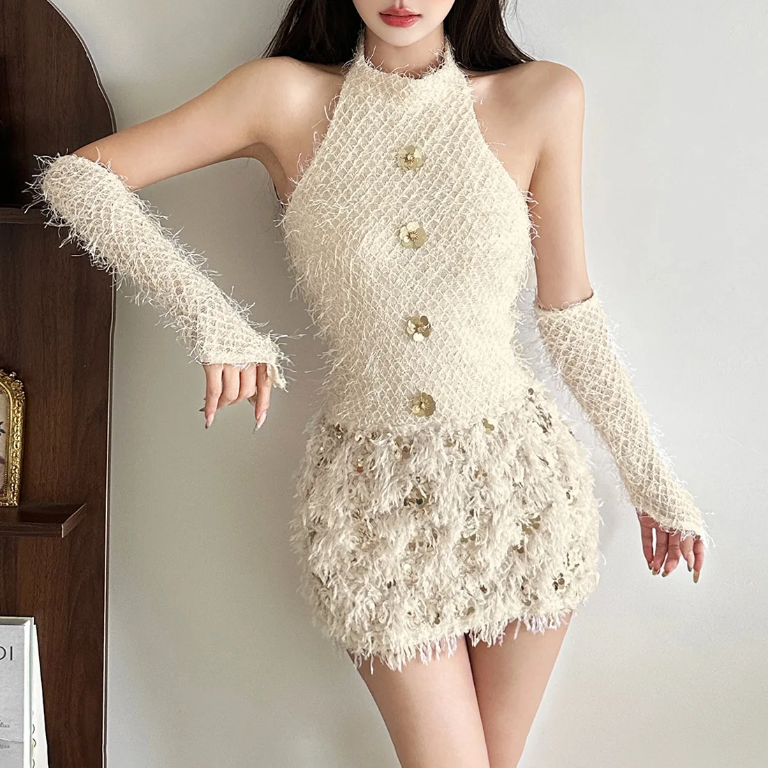 

Cross-Border Sle Winter 2025 Women's Faion Slim Fit Dr with Sve Covers Feather Splicing Bal Gown Set
