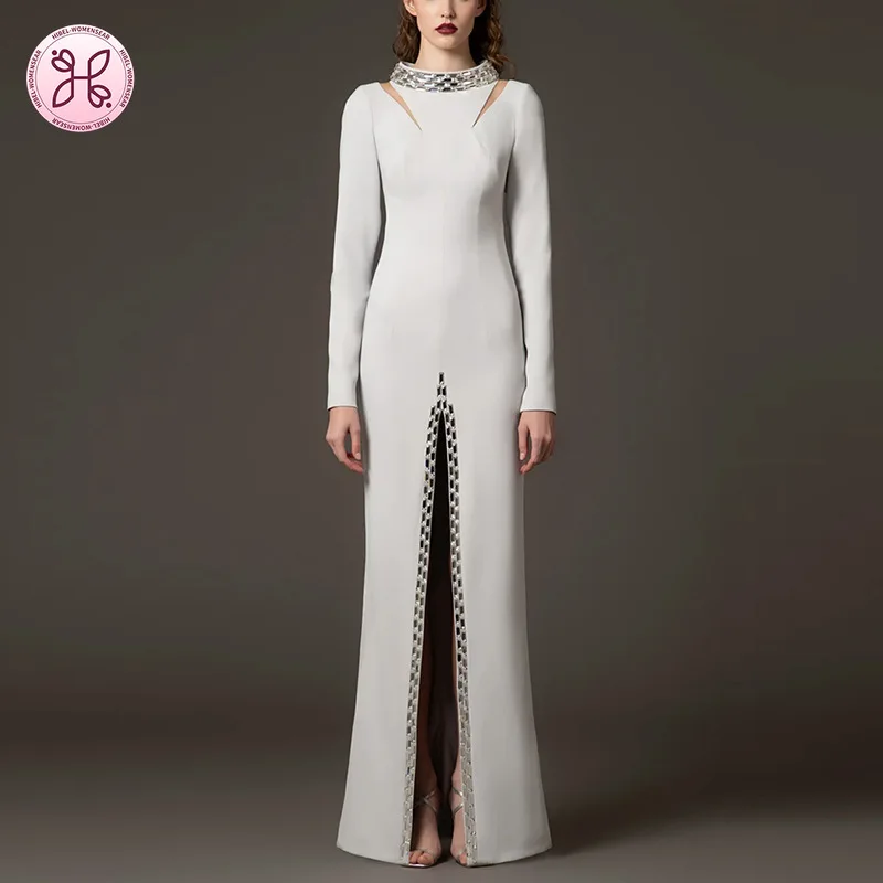 Abito da tappeto rosso celebrità 2025 - Abito lungo con perline ritagliate con spacco alto (abbigliamento da sera e da festa di lusso da donna)