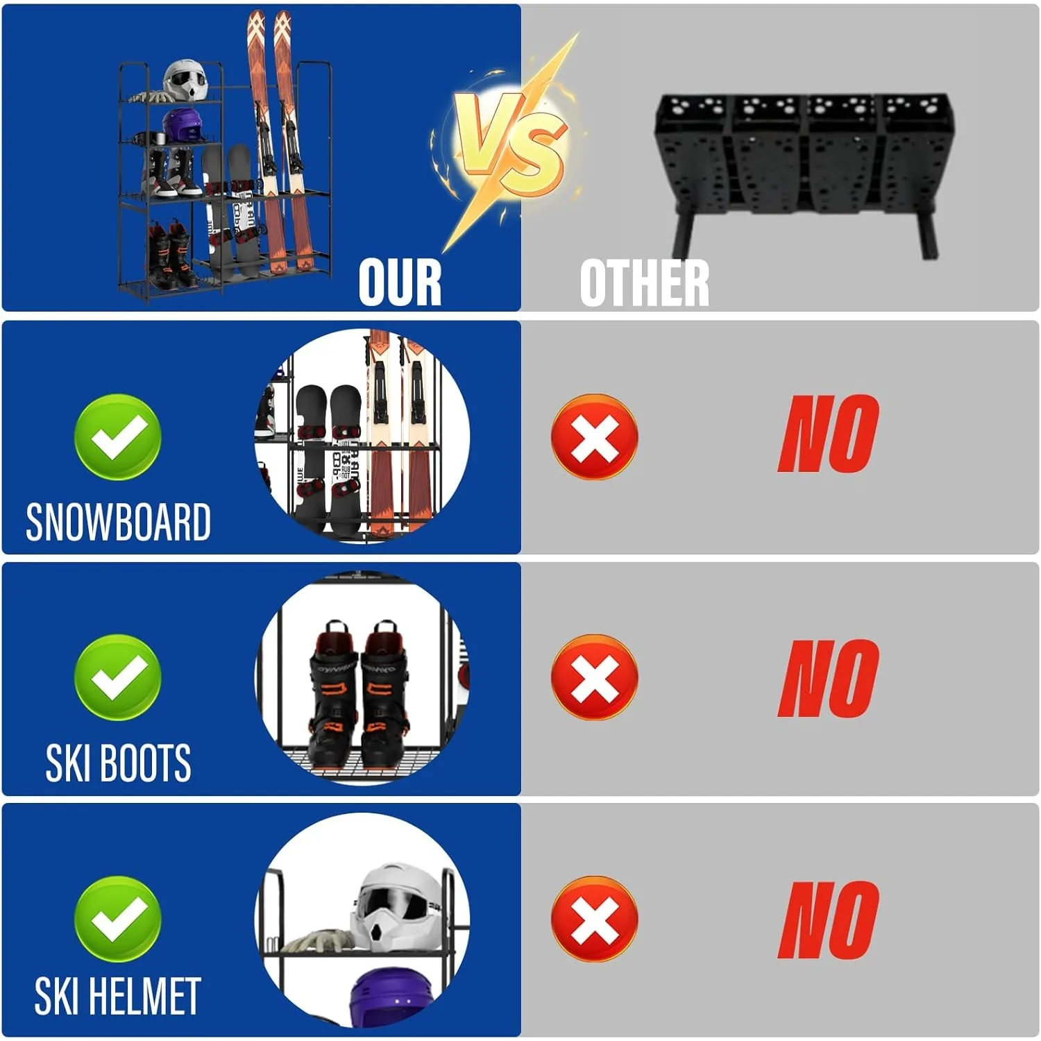 رف التزلج على الجليد المعدني شديد التحمل قائم بذاته - تخزين المرآب مع رف للأحذية والخوذات والإكسسوارات