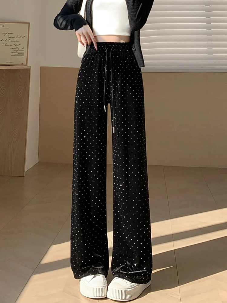 

Women's Drawstring Wide Leg Loose Floor-Length Straight Leg Autumn New Style Rhinestone Embellished Casual Velvet Trousers