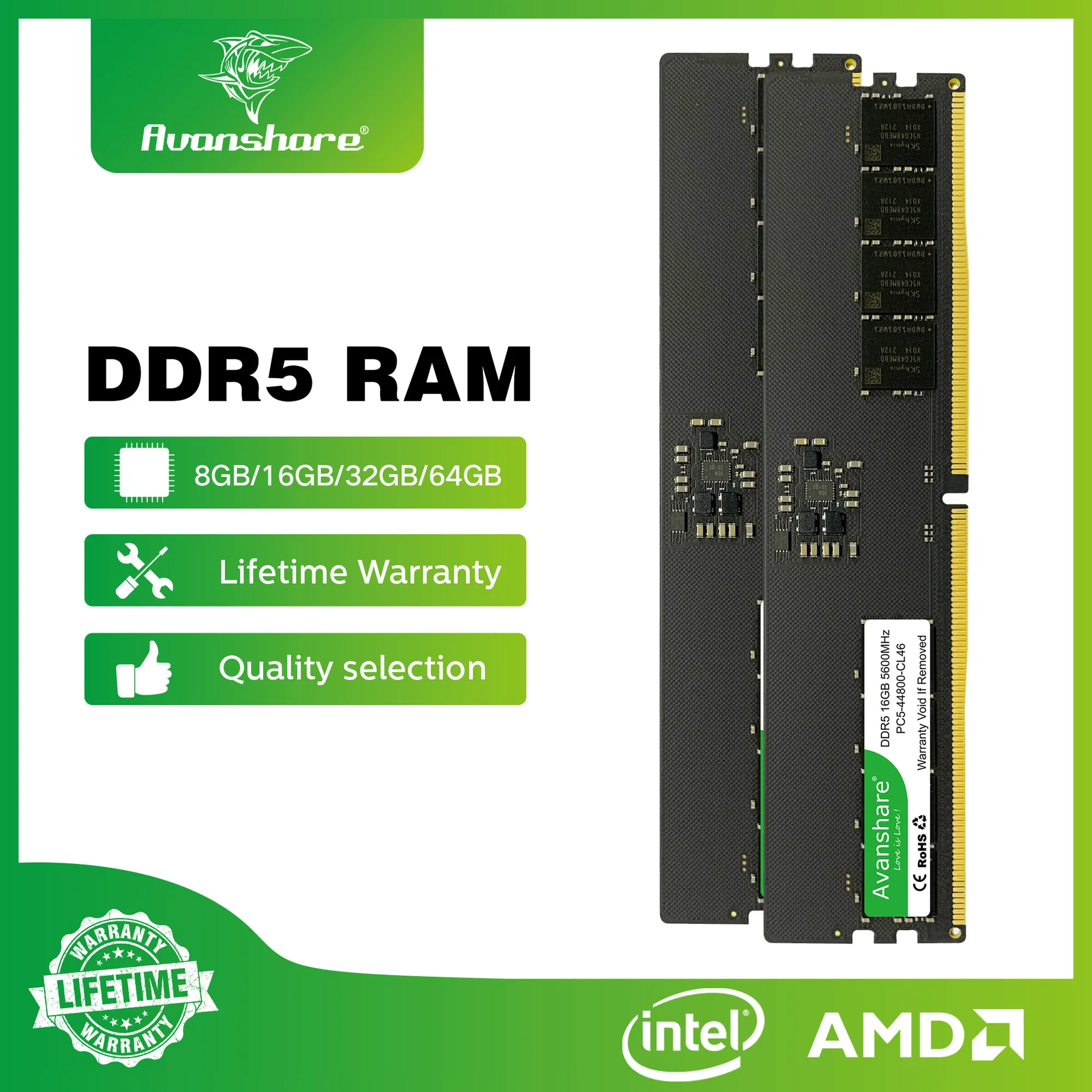 Avanshare Memoria Ram DDR5 32GB 16GB 8GB 4800MHz 5600MHz Udimm Computer Desktop Memory Support Intel and AMD