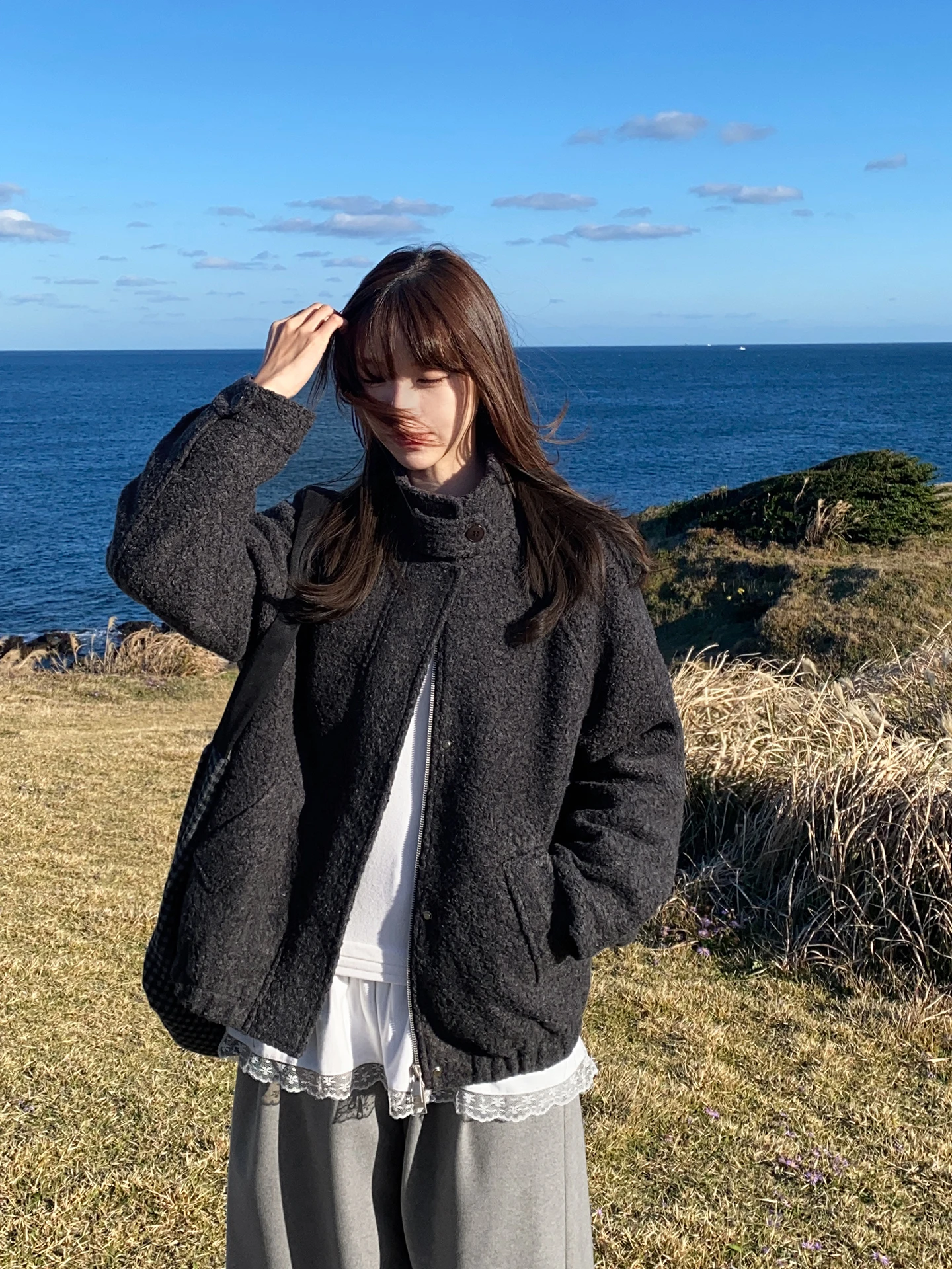 

Шерстяное пальто Thiened с хлопковой подкладкой, ветрозащитное, с двойной молнией, воротником-стойкой, для женщин, зимнее, синее