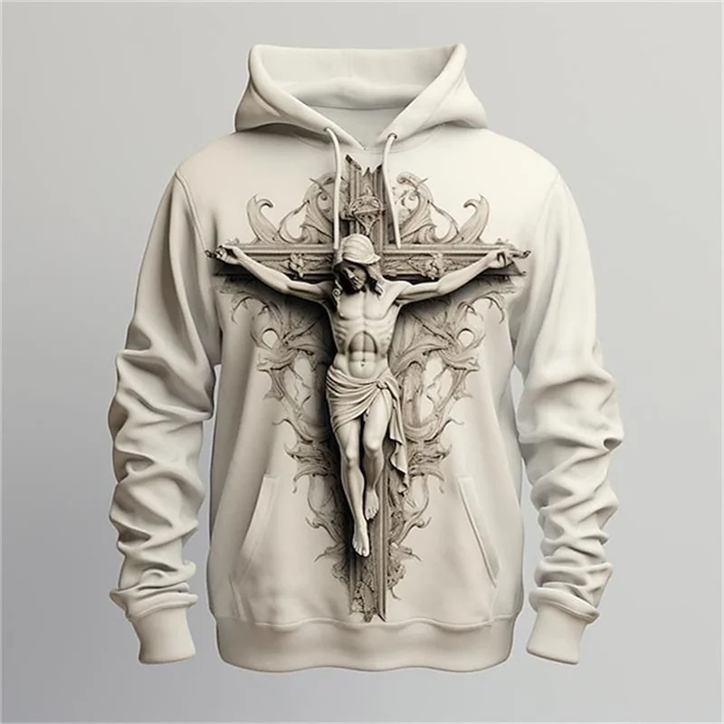 Jesus Cross Pattern Hoodie For Men Vintage 3D Printed Long Sleeves Autumn Casual Hoodies Oversized Sweatshirts Pullover Tops