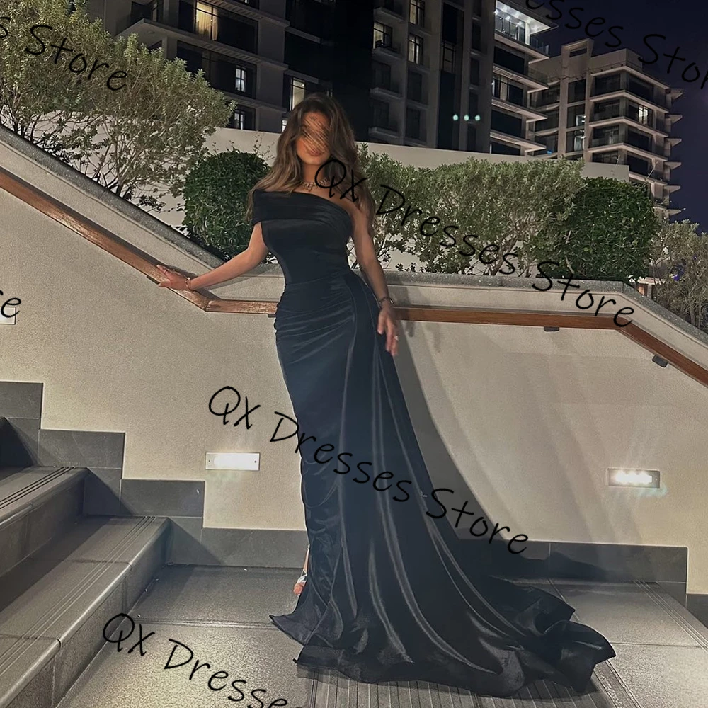 Jiayigong Simple black A-line Satin Evening Prom Dresses One-shoulder Sleeveless Sweep Train Pleat Party Weeding Guest Dresses