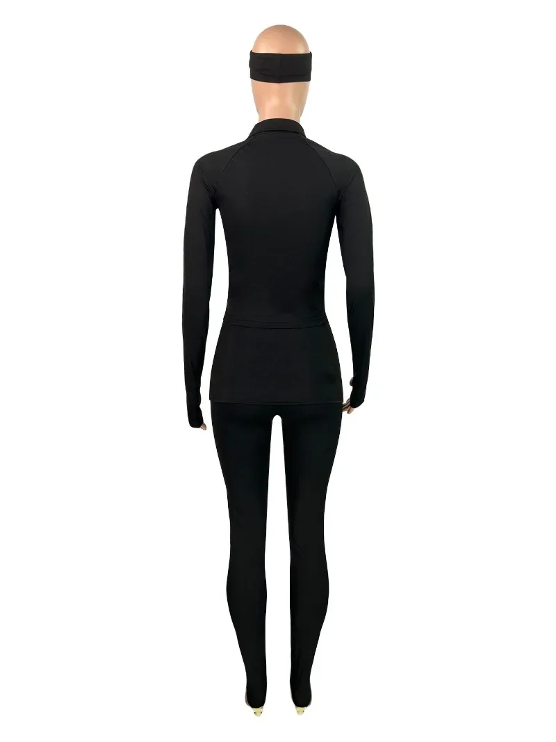 Women Solid Tracksuits with Headband 2 Piece Set Long Sleeve Zipper Jackets Tops + Lapel High Waist Flare Pants 2025 Autumn Suit