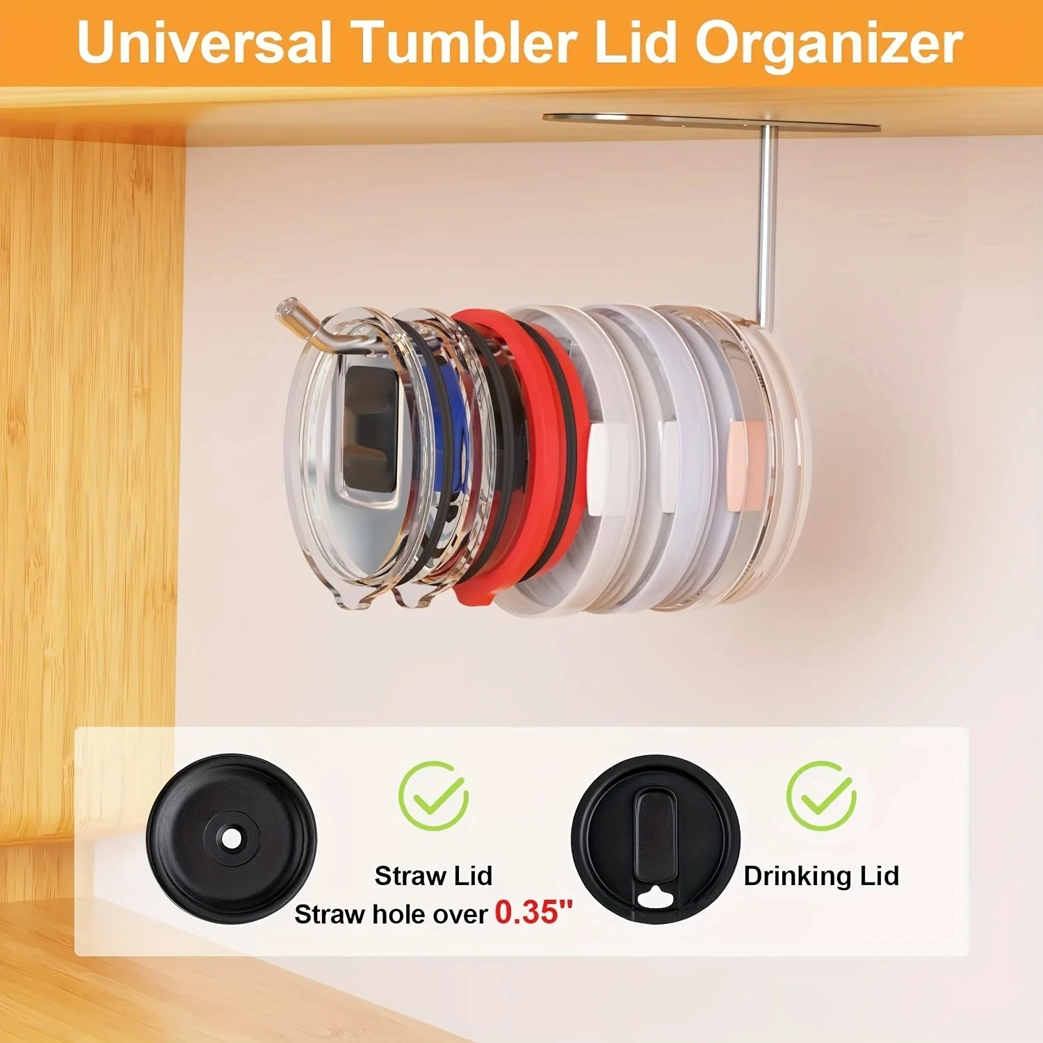 Tumbler Lid Organizer Hook Under Cabinet Cup Lid Organizer Inside Cabinet Self-Adhesive Under-Cabinet Mount Steel Lid Holder Cup