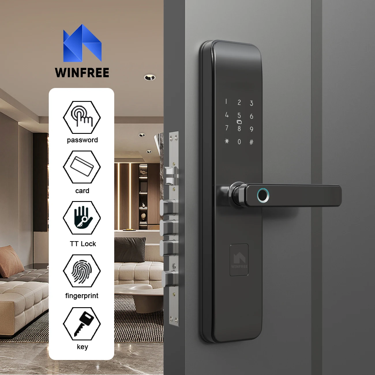 WINFREE TTLock Bluetooth Keyless Smart Card Passcode Fingerprint Security Main Door Lock Work With Google Home or Alexa by Voice