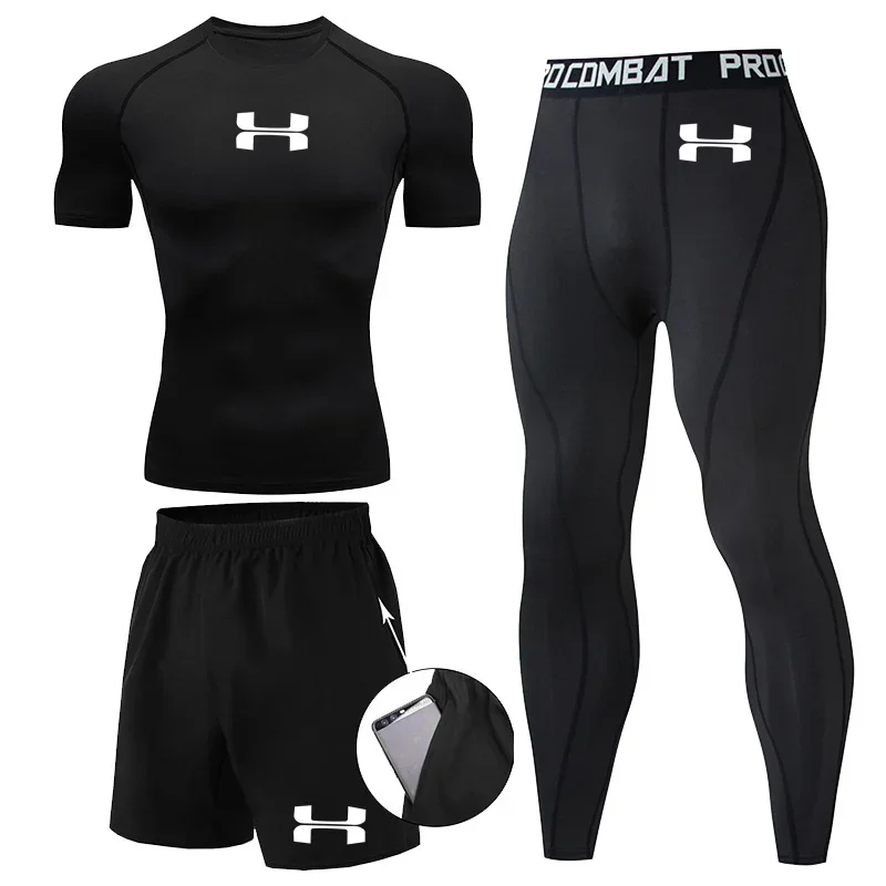 2025 New Trendy Men's Sportswear Tight Clothes Fast Drying Fitness Running Sportswear Men's T-shirt+Shorts 3-Piece Set