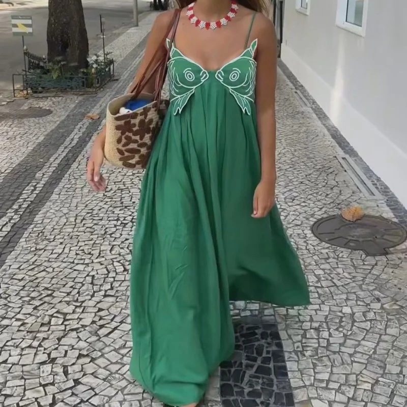 สตรี Y2K ปลา Koi Cami ชุด 3D ปลาแขนกุดเอวสูงชุดเดรสยาวอินเทรนด์ออกไป Sundress Streetwear