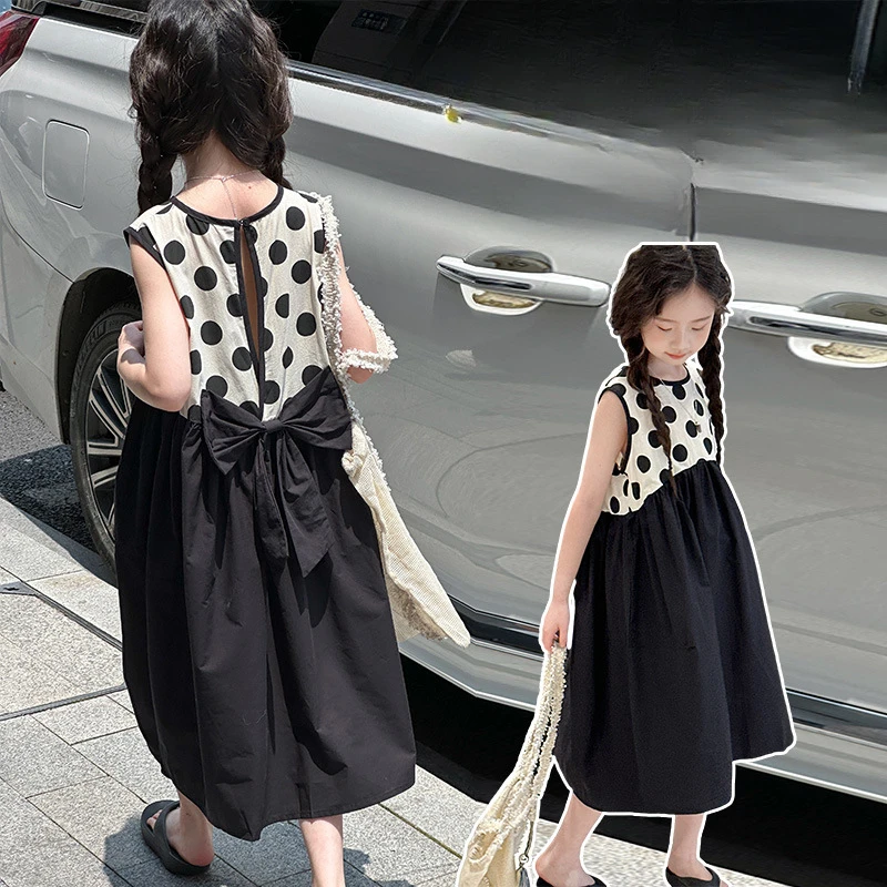 

Girls Skirt Polka Dot Dress Summer 2024 New Children Halter Bow Princess Dress Foreign Korean Simple Casual Children Skirt