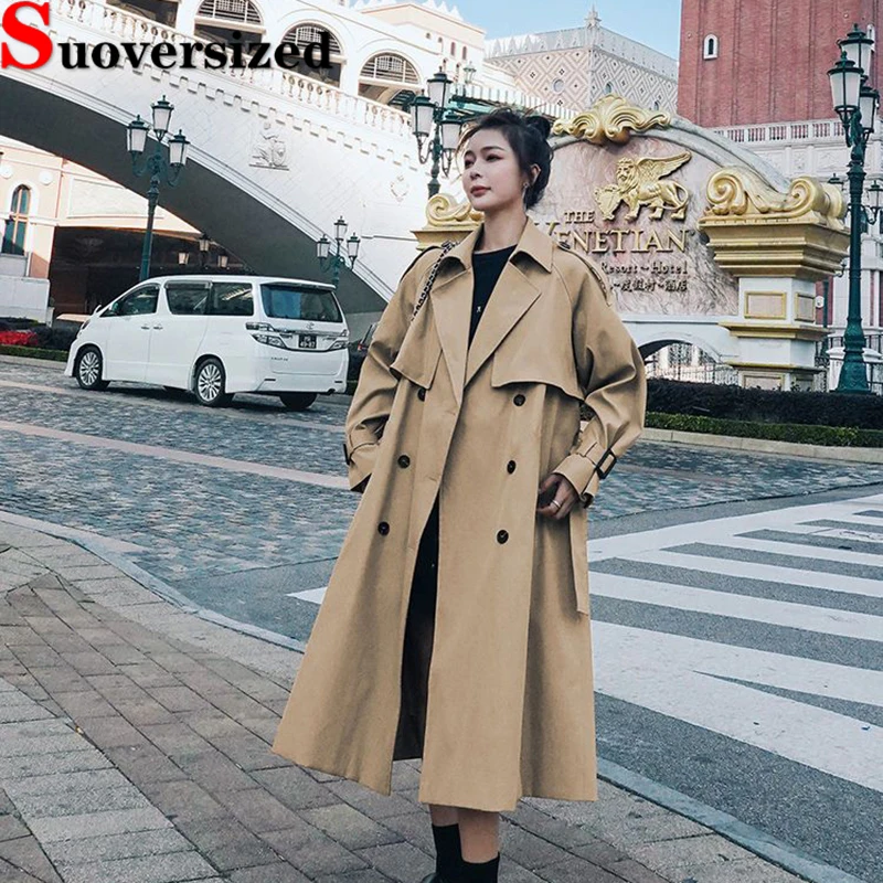 

Khaki Classic Long Trench Coats For Women Elegant Korean Overcoats Loose Fashion Gabardina Casual Double-breasted Windbreaker