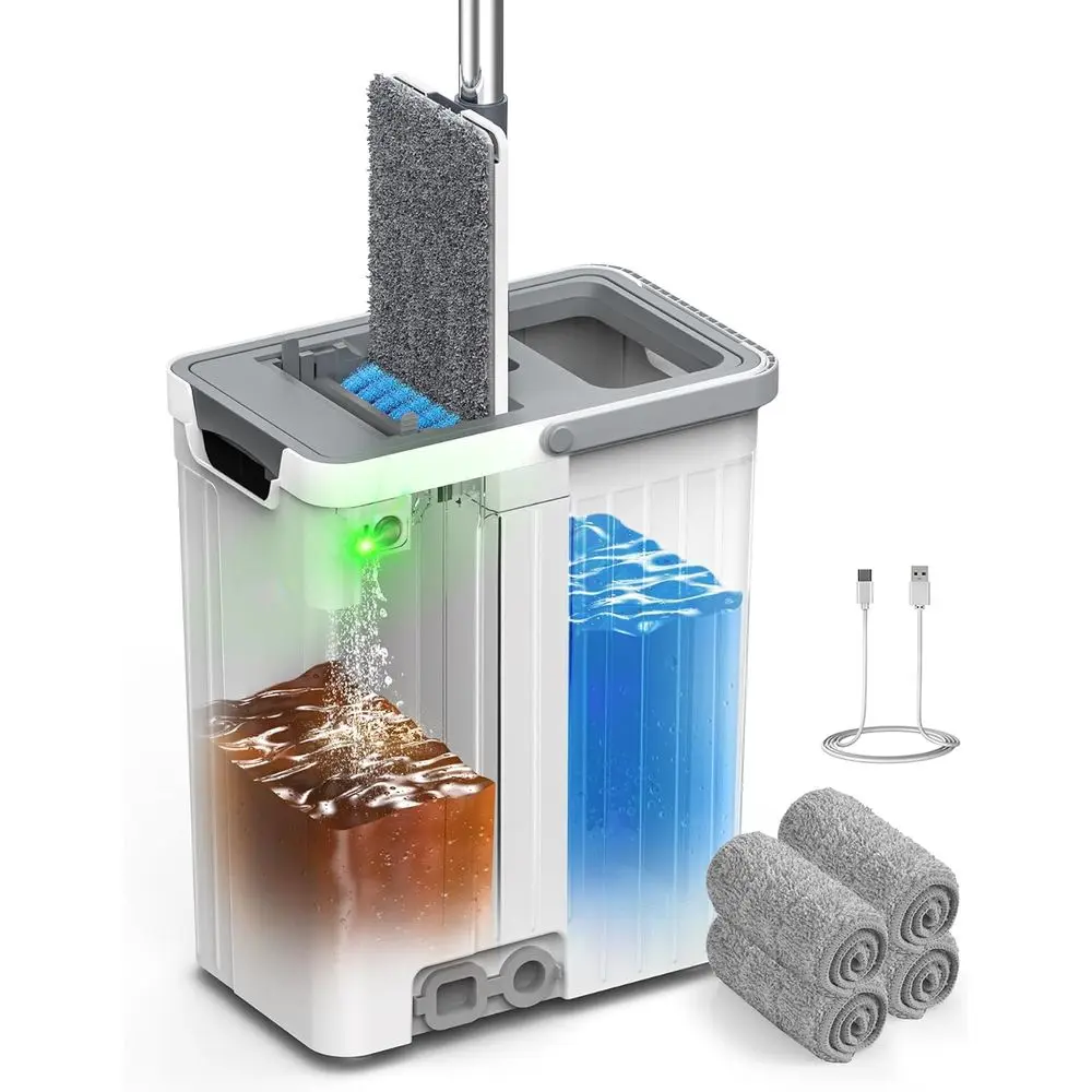 

3-Zone Auto-Pump Mop Bucket System with Separate Dirty/Clean Water, Wringer, Wheels, and 3 Microfiber Pads for Home Cleaning