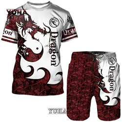 YUHA Flying Dragon Totem Art 3D Print camiseta para hombre, traje, Tops de manga corta frescos, conjunto de pantalones cortos, ropa deportiva gótica de Hip Hop, Trac, Verano