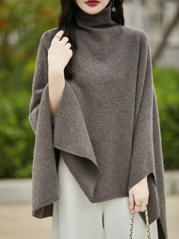 New Women's Sweater High Collar Wool Shawl Loose Pullover Autumn Winter 100% Merino Wool Knitwear Simple Fashion Cashmere Shawl