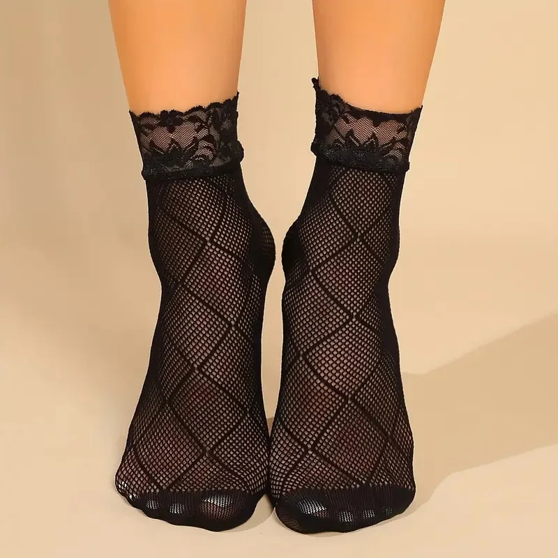 5 أزواج الدانتيل النساء شبكة الجوارب الصيف مرونة شفافة الكاحل الجوارب خمر لوليتا النساء تنوعا شبكة صيد السمك صافي جورب أسود