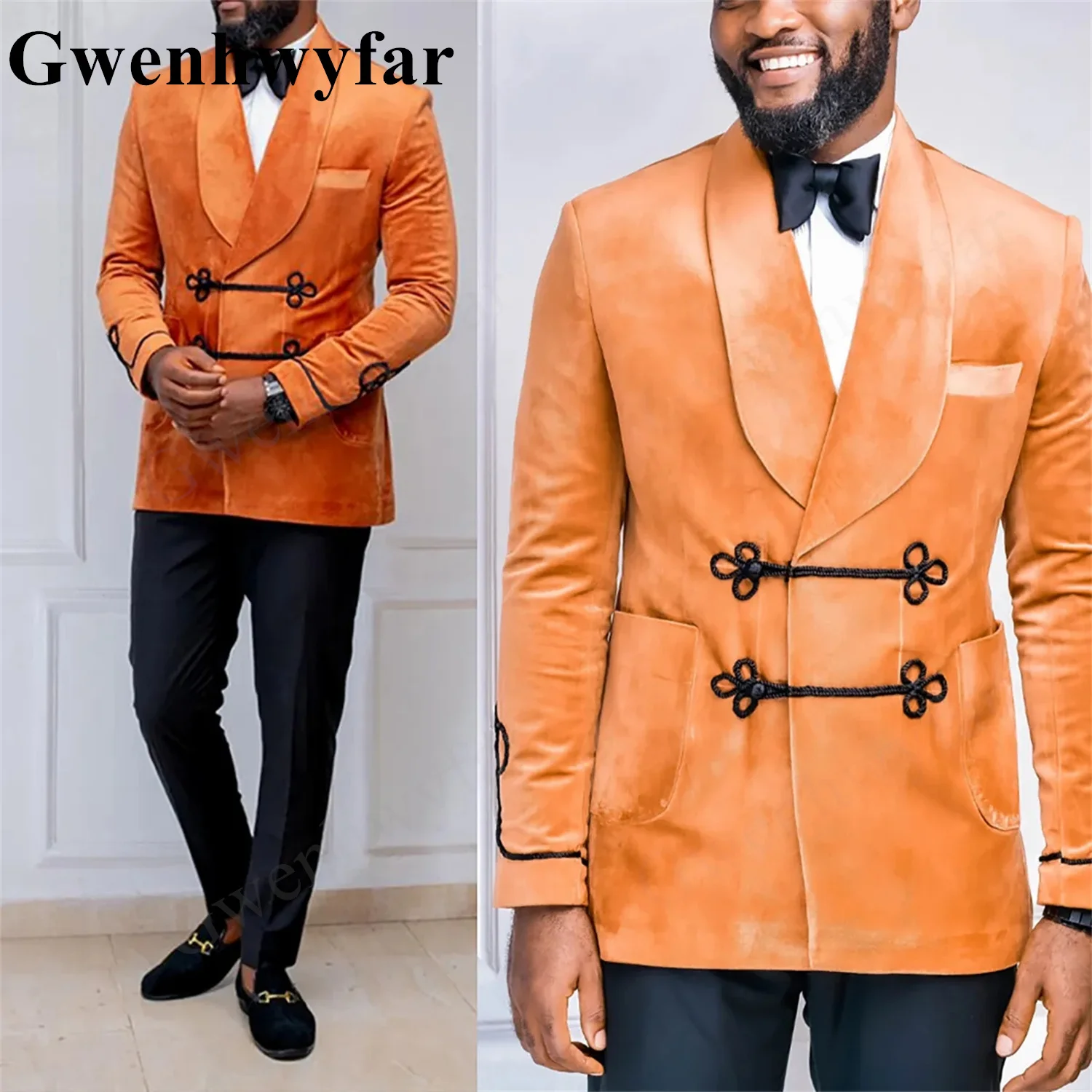 

Gwenhwyfar Men's 2-Pieces Chinese Style Suit Shawl Collar Fit Formal Dress Regular Fit Prom Wedding Party Dress with Black Pants