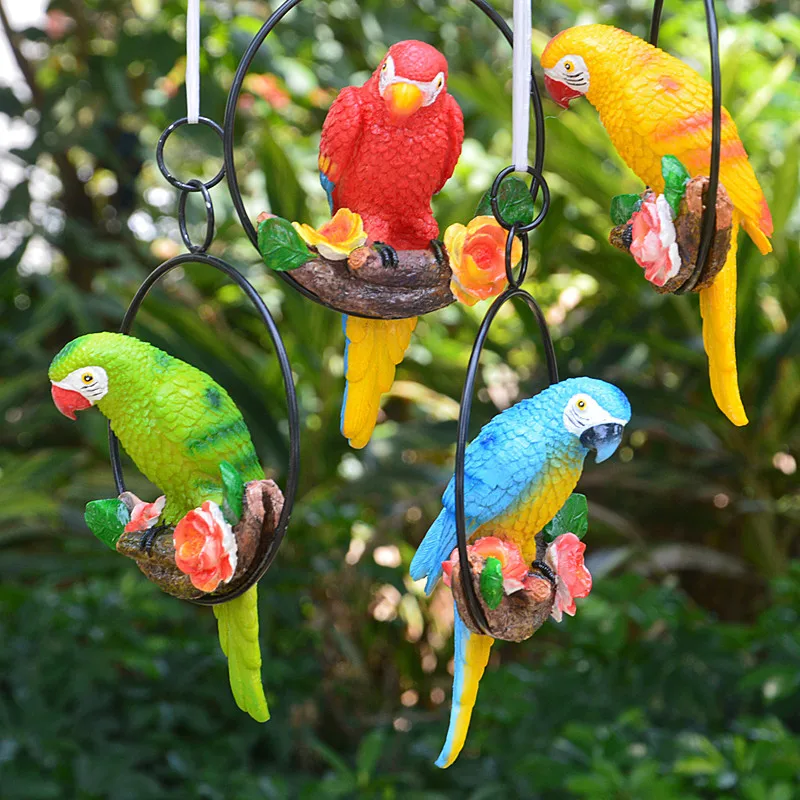 

Creative Resin Parrot Iron Ring Hang on Tree Outdoor Decoration Statue Animal Sculpture Hangings for Home Office Garden Ornament