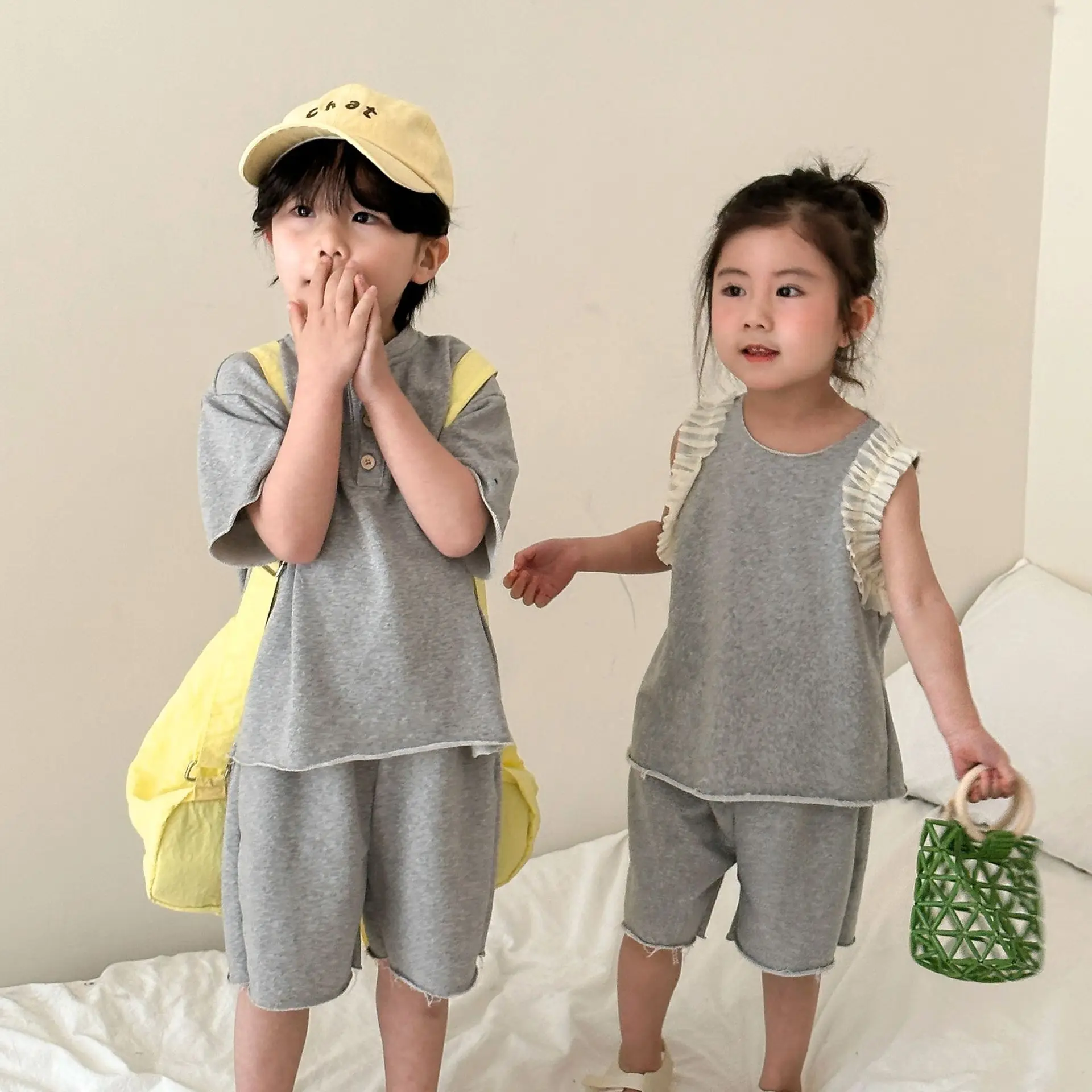 Summer Brother Sister Outfits Boy Baby Solid Loose Sport Short Sleeve T-shirt + Shorts 2pcs Girl Children Cotton Lace Vest Set