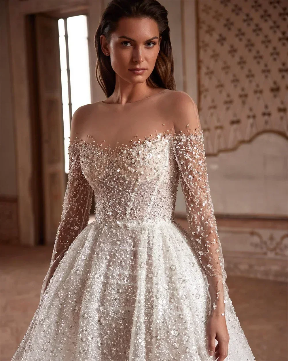 

Vinca Sunny Customized a Line Wedding Dresses Illusion Neck Long Sleeves Bridal Gown Graceful Pearls Sequins vestidos de novia