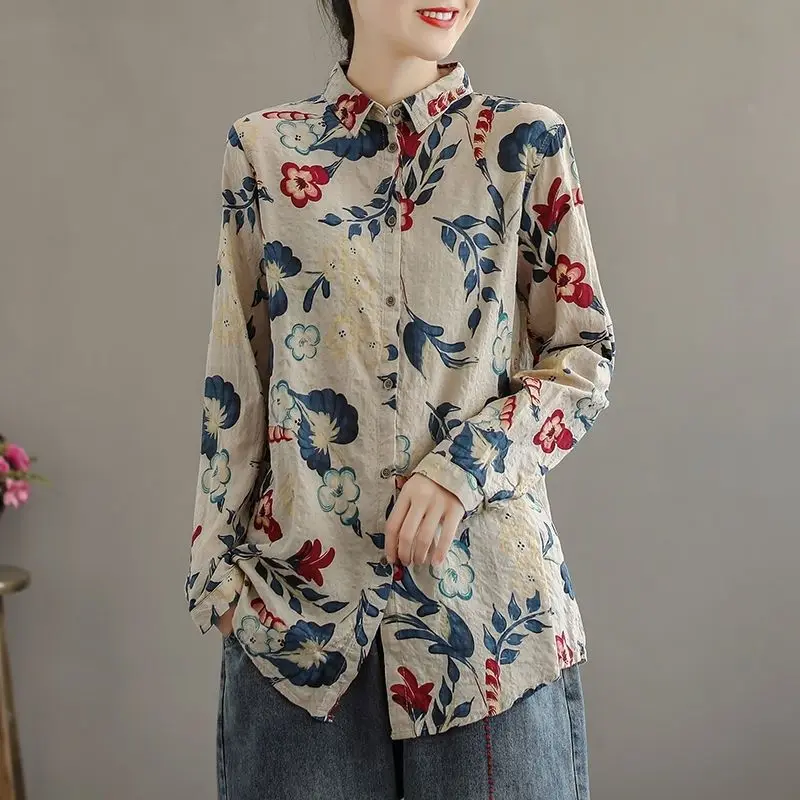 

Vintage Polo-Neck Printed Floral Blouse Women's Clothing Spring Autumn Loose Casual All-match Long Sleeve Button Shirt JJ119