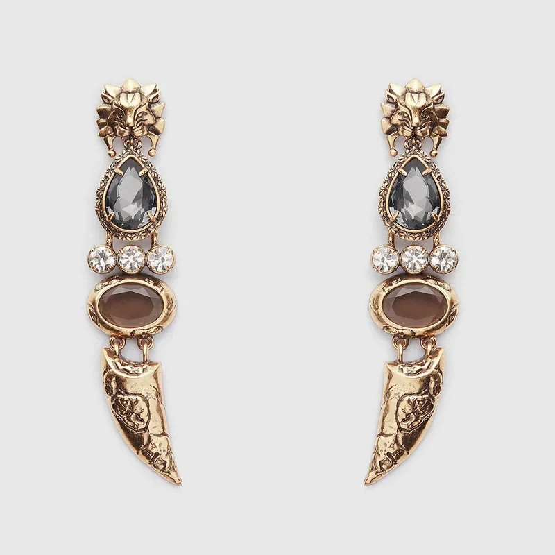 European and American retro lion head claw set with glass gems retro personality earrings