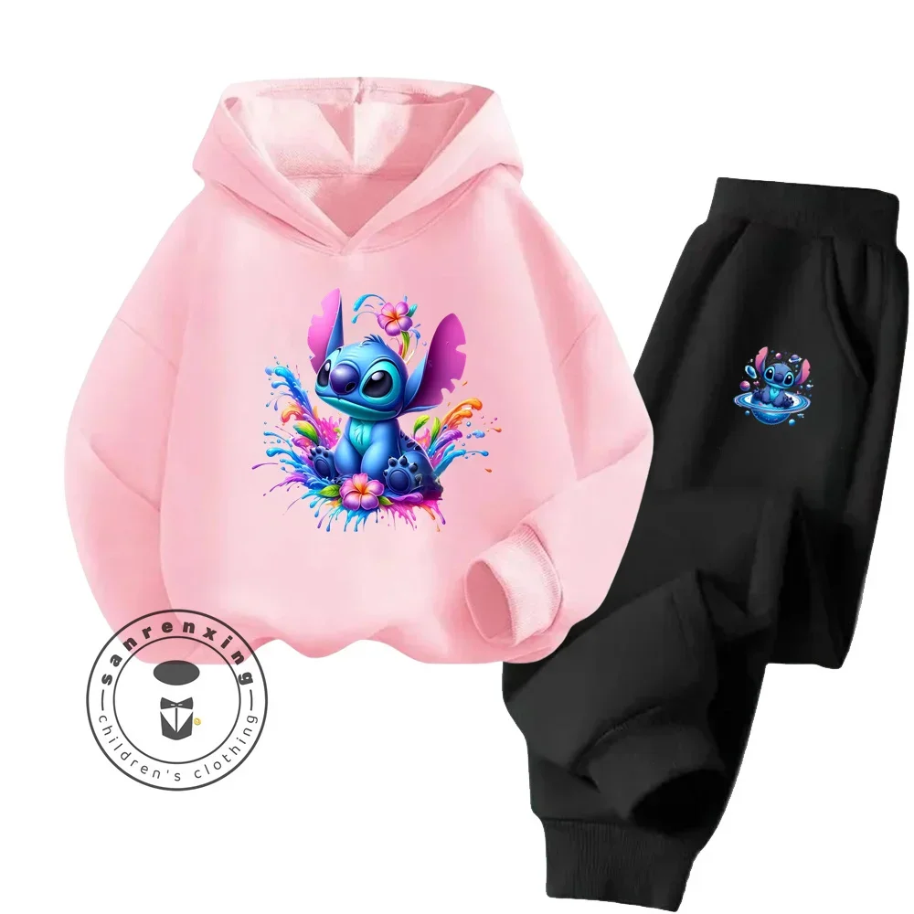 Fashionable Cartoon Stitch Long Sleeve Streetwear for Kids Age 3-14 Spring Autumn Casual Designs Cute Style Sweatshirt Set