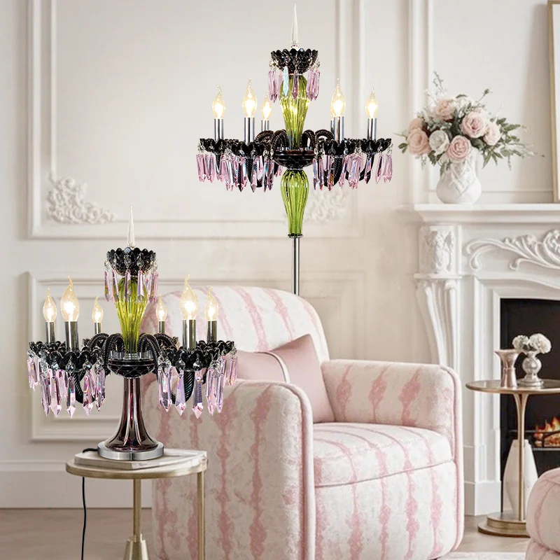 Lámpara de mesa/suelo de cristal Pinck francés, vela de moda Vintage, Abajur lujoso para dormitorio, iluminación decorativa para sala de estar