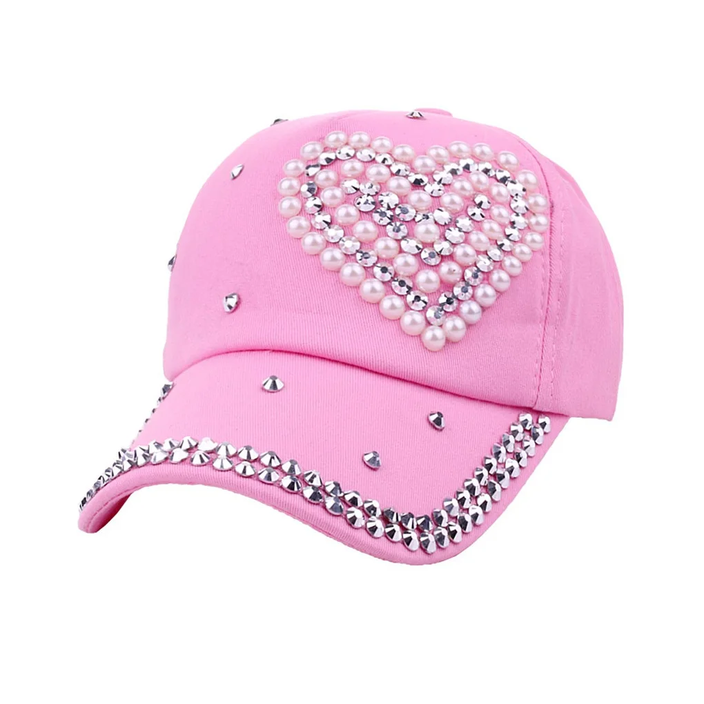 NEW Children Fashion Adjustable Heart Shaped Rhinestones Studded Peaked Cap Hat Kids Cotton Baseball Cap Winter Hat Cap