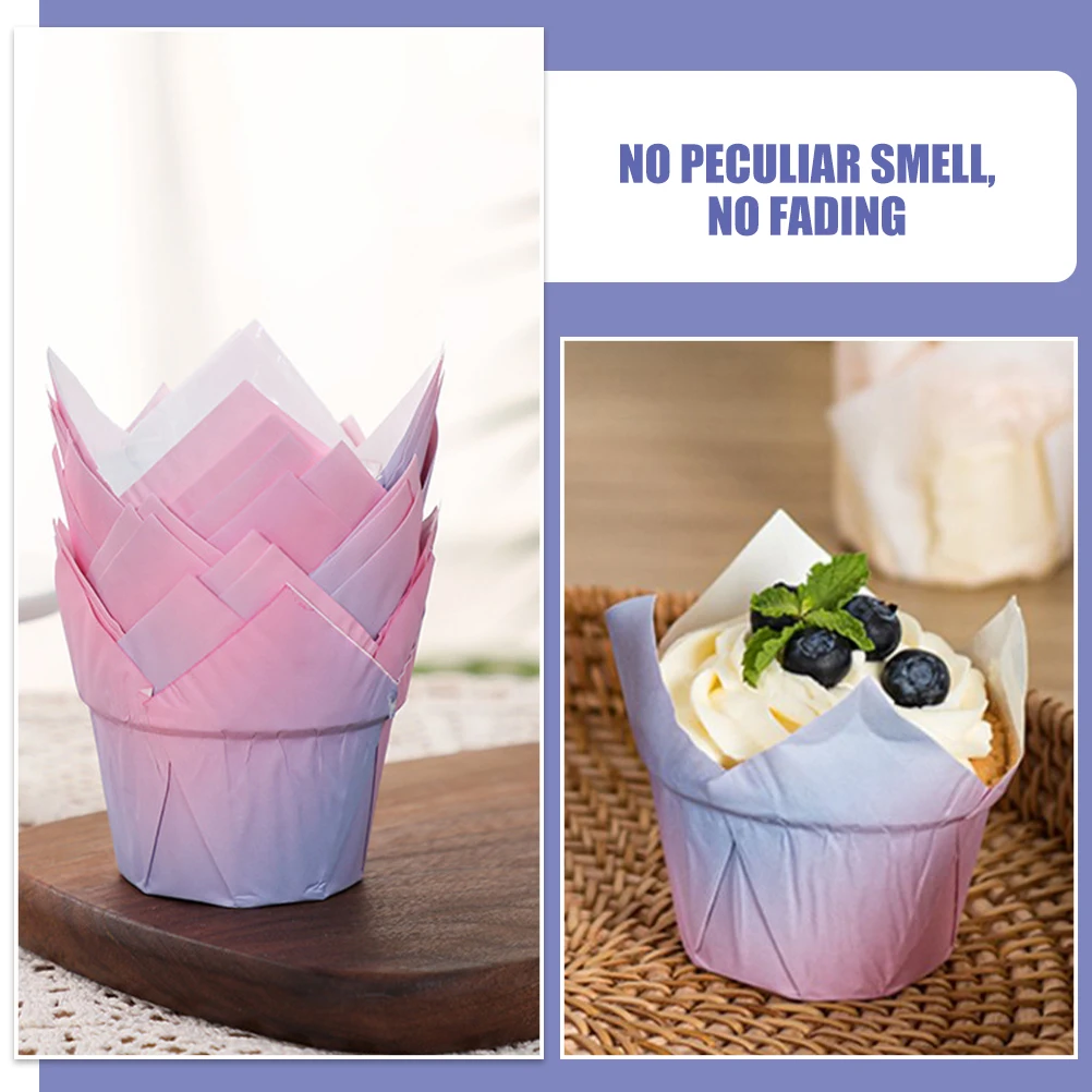 

50pcs Cake Packaging Boxes Mini Tulip Cupcake Liners High Temp Resistant Baking Cups Paper Muffin Safe Food Grade Beautiful
