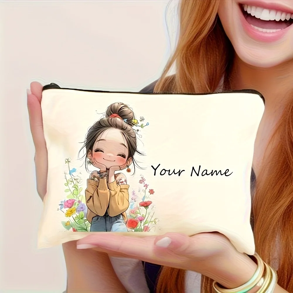 Chic Custom Name Unique Vintage Cute Floral Makeup Bags for Girls Cosmetic Pouch Toiletry Bag Pencil Case Travel Storage Handbag