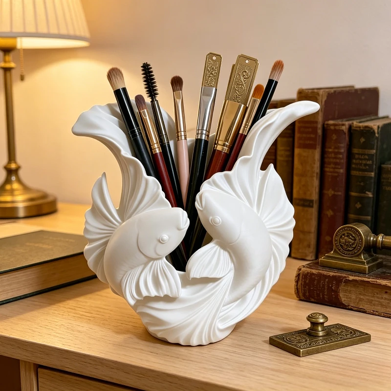 Fischförmiger Stifthalter im chinesischen Stil, Schreibtisch-Organizer für Make-up-Pinsel, Lippenstifte und Schreibwaren, Deko-Geschenk für Zuhause und Büro